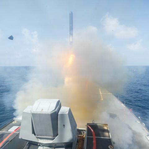 Arleigh Burke–class guided-missile destroyer USS Spruance fires a Tomahawk Land Attack Missile in support of Operation Epic Fury on February 28, 2026. (US Navy)