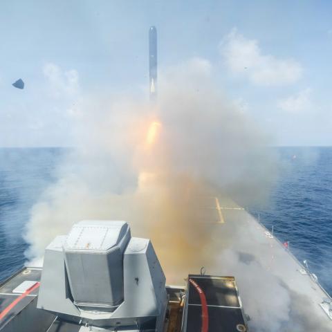 Arleigh Burke–class guided-missile destroyer USS Spruance fires a Tomahawk Land Attack Missile in support of Operation Epic Fury on February 28, 2026. (US Navy)