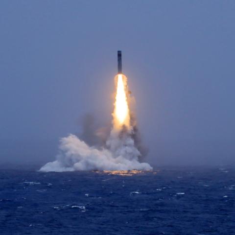 A strategic missile is launched by a nuclear submarine of the Chinese People’s Liberation Army Navy on July 6, 2026, in the Pacific Ocean. (Getty Images)