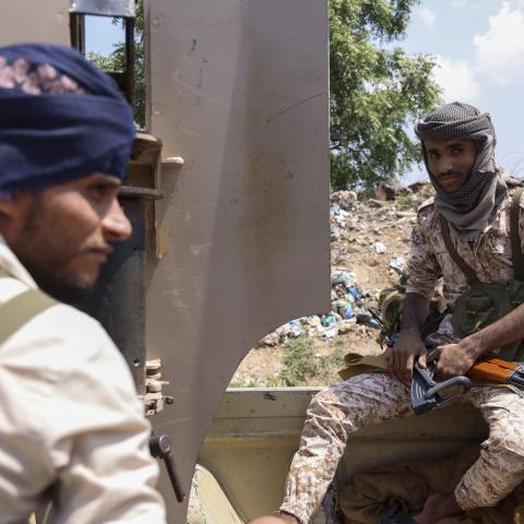 Saudi-backed Yemen government soldiers gather near the Jabal Han front, west of the city of Taiz, following fierce battles earlier in the day as Yemen's Houthis reportedly attempted to seize control of the main route between the inland city of Taiz and the coastal city of Aden, on October 3, 2026. The civil war, which dates to 2014 but had been dormant following a truce in 2022 roared back to life in July, as the wider Middle East war ignited another front. The Houthis, a predominantly Zaidi Shia group whos