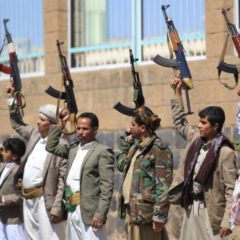 Fighters loyal to the Houthi authorities take part in a rally in Sanaa on October 7, 2026. (Getty Images)