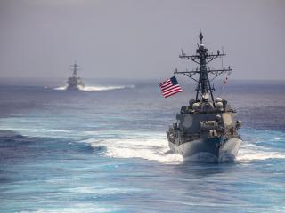  The Arleigh Burke-class guided-missile destroyer USS Wayne E. Meyer (DDG 108) steams in formation during a multiple large deck event in the Pacific Ocean on June 8, 2023. (US Navy photo)