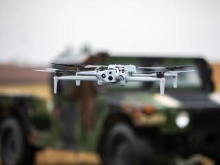 The Skydio X10D drone flies during a counter-uncrewed aerial systems training exercise at  Grafenwoehr Training Area in Bavaria, Germany, on February 13, 2025. (US Army photo)