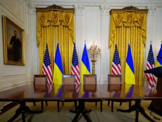 A signing table remains in the East Room after Ukrainian President Volodymyr Zelensky leaves the White House early on February 28, 2025, in Washington, DC. (Andrew Harnik via Getty Images)