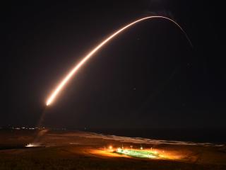 An Air Force Global Strike Command unarmed Minuteman III intercontinental ballistic missile launches during an operation test on February 23, 2021, at Vandenberg Air Force Base in California. (US Space Force)