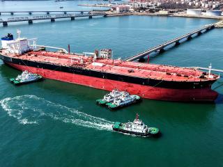 An oil tanker is being unloaded with imported crude oil at the Qingdao Port Oil Terminal in Shandong Province, China on April 7, 2026. (Photo credit should read CFOTO/Future Publishing via Getty Images)