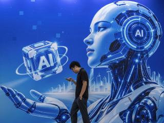 A visitor walks by a billboard at the PT Expo on September 22, 2026, in Beijing. (Getty Images)