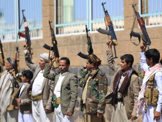Fighters loyal to the Houthi authorities take part in a rally in Sanaa on October 7, 2026. (Getty Images)
