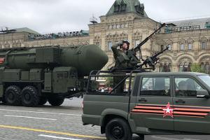 Russian Yars ballistic nuclear missiles on mobile launchers roll through Red Square during the Victory Day military parade rehearsals on May 6, 2018 in Moscow, Russia. (Mikhail Svetlov/Getty Images)