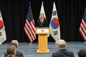 U.S. Secretary of State Antony Blinken (C) speaks during a joint press availability with South Korean Foreign Minister Chung Eui-yong (L) and Japanese Foreign Minister Yoshimasa Hayashi (R) on February 12, 2022. (Getty Images)