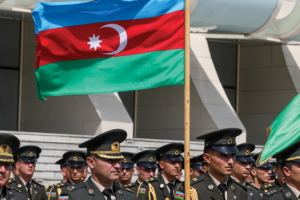 Members of the military stand at attention in front of Heydar Aliyev Palace during the Armed Forces Day celebrations on June 26, 2022 in Baku, Azerbaijan. (Aziz Karimov/Getty Images)