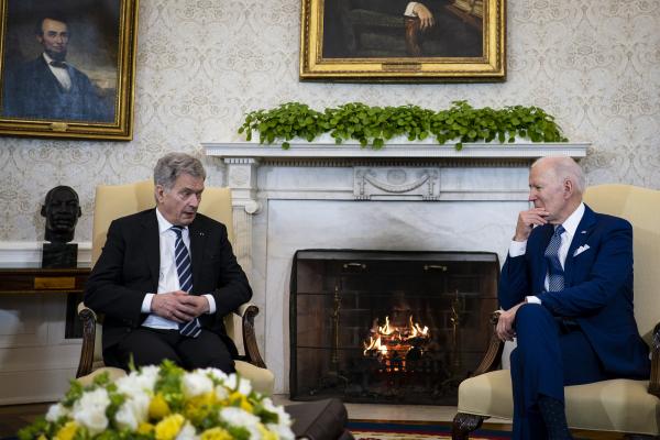 US President Joe Biden meets with Finnish President Sauli Niinistö in the Oval Office of the White House on March 4, 2022, in Washington, DC. (Getty Images)