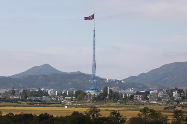A North Korean flag in North Korea's propaganda village of Gijungdong is seen from a South Korea's observation post inside the demilitarized zone (DMZ) on October 4, 2022. (Chung Sung-Jun/Getty Images)