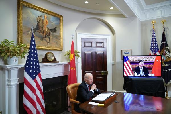 President Joe Biden meets with China's President Xi Jinping during a virtual summit from the Roosevelt Room of the White House in Washington, DC, on November 15, 2021. (Mandel Ngan/AFP via Getty Images)