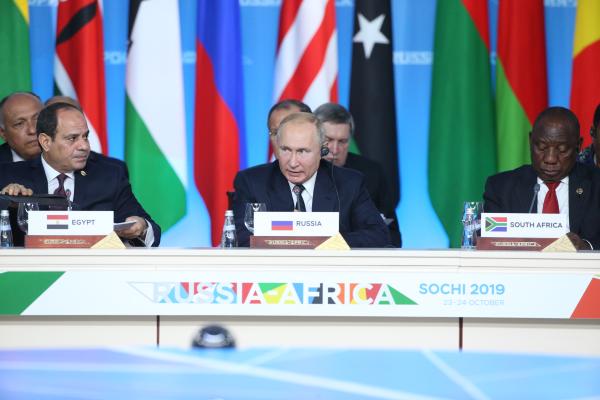 Russian President Vladimir Putin, Egyptian President Abdel Fattal el-Sisi, and South African President Cyril Ramaphosa during the plenary meeting of the Russia-Africa Summit on October 24, 2019, in the Black Sea resort of Sochi, Russia. (Mikhail Svetlov/Getty Images)