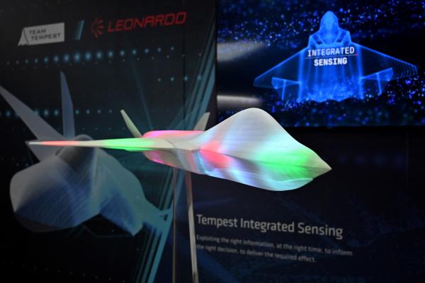 A model of the proposed jet fighter aircraft Tempest, a joint program by a consortium known as "Team Tempest," which includes Britain and Japan, is pictured in the BAE hall during the in Farnborough, United Kingdom, on July 18, 2022. (Justin Tallis/AFP via Getty Images)