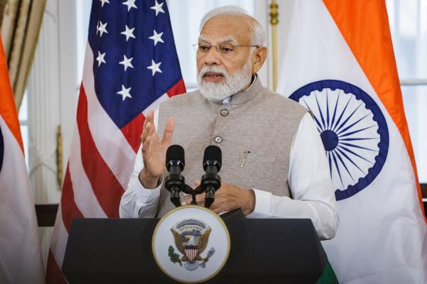 Indian Prime Minister Narendra Modi speaks during a luncheon hosted by US Vice President Kamala Harris and Secretary of State Antony Blinken at the US Department of State in Washington, DC, on June 23, 2023. (Photo by SAMUEL CORUM / AFP) (Photo by SAMUEL CORUM/AFP via Getty Images)