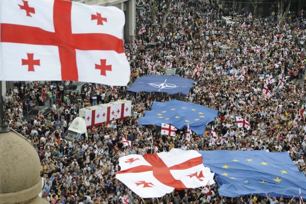 Georgians attend a rally in Tbilisi on September 1, 2008, to protest Russian occupation of parts of the ex-Soviet Republic. (Irakli Gedenidze/REUTERS/AFP via Getty Images)