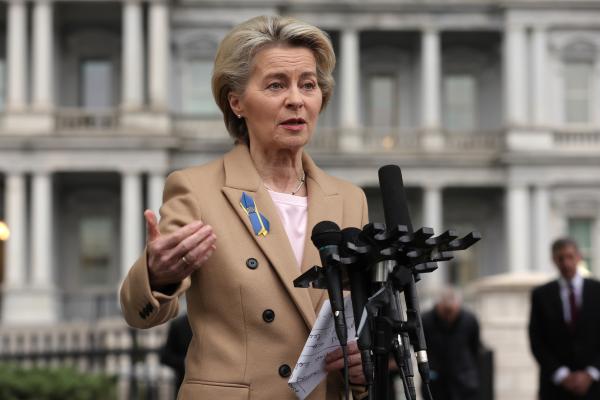 President of European Commission Ursula von der Leyen speaks to members of the press after a bilateral meeting with President Joe Biden in the Oval Office of the White House on March 10, 2023, in Washington, DC. (Photo by Alex Wong/Getty Images)