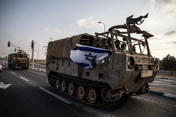 Israeli soldiers in an armored vehicle in Sderot, Israel, on October 24, 2023. (Mostafa Alkharouf/Anadolu via Getty Images)
