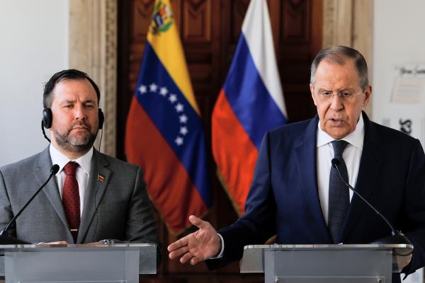 Russian Foreign Minister Sergei Lavrov speaks next to Venezuelan Foreign Minister Yvan Gil during a news conference at the Foreign Ministry in Caracas, Venezuela, on April 18, 2023. (Getty Images)