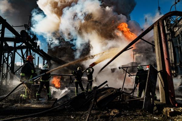 Firefighters work to put out a fire at CHP power station after it was hit by Russian missile on October 10, 2022, in Kyiv, Ukraine. (Photo by Serhii Mykhalchuk/Global Images Ukraine via Getty Images)