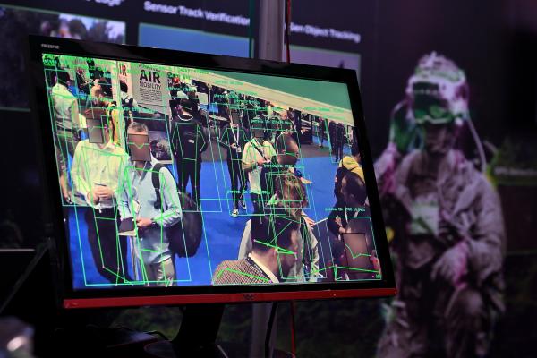 The Vizgard FortifAI software-based artificial intelligence engine for surveillance monitoring is displayed during the Dronex Epo at ExCel on September 26, 2023, in London, UK. (John Keeble via Getty Images)