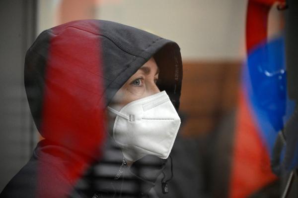 Alsu Kurmasheva, a Russian-American journalist for Radio Free Europe/Radio Liberty who was arrested on charges of failing to register as a foreign agent, attends a hearing to consider her pretrial detention in Kazan on October 20, 2023. (Alexander Nemenov/AFP via Getty Images)