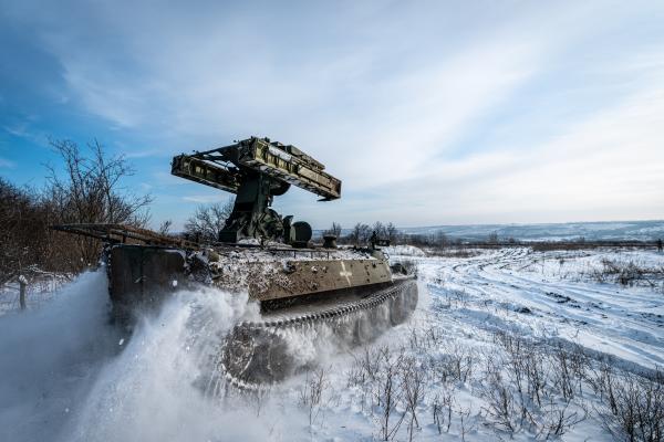 A Ukrainian anti-aircraft vehicle drives towards a firing position at the Bakhmut frontline in Donetsk Oblast, Ukraine, on January 13, 2024. (Ignacio Marin/Anadolu via Getty Images)