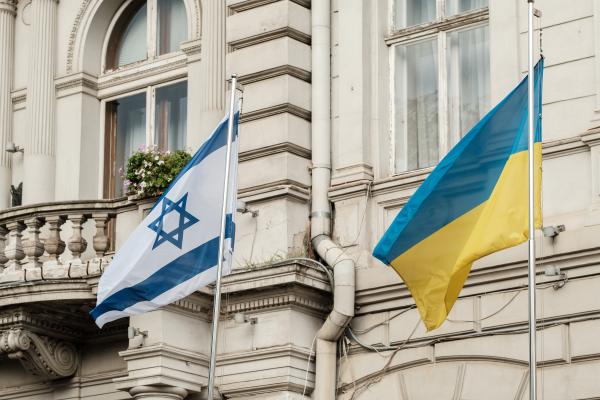 The Israeli flag flies in front of the Lviv Regional State Administration building as a sign of solidarity with the Israeli people on October 13, 2023, in Lviv, Ukraine. (Photo by Les Kasyanov/Global Images Ukraine via Getty Images)