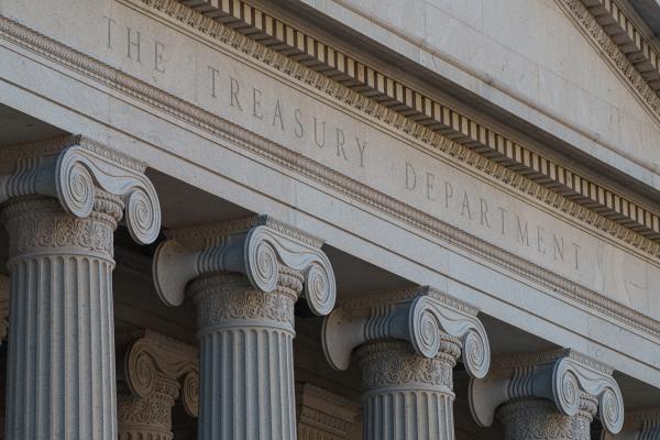 The front of the United States Treasury building on January 3, 2024, in Washington, DC. (J. David Ake via Getty Images)