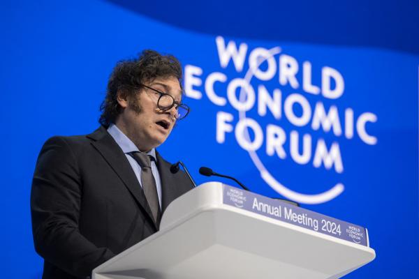 Argentina's President Javier Milei delivers a speech at the World Economic Forum meeting in Davos, Switzerland, on January 17, 2024. (Fabrice Coffrini/AFP via Getty Images)