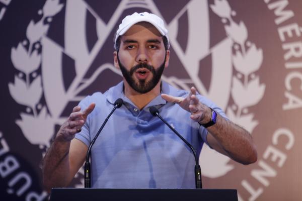 Presidential candidate for Nuevas Ideas Nayib Bukele speaks during a press conference after casting his vote on February 4, 2024, in San Salvador, El Salvador. (Alex Peña via Getty Images)
