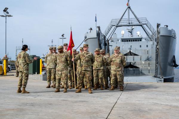 Soldiers assigned to USAV M.G. Charles P. Gross stand at parade rest during a ceremony prior to deploying from Joint Base Langley-Eustis in Virginia on April 1, 2024. (US Air Force photo by Zulema Sotelo)