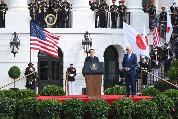 President Joe Biden and Japanese Prime Minister Fumio Kishida attend  at the White House on April 10, 2024, in Washington, DC. (Photo by Chen Mengtong/China News Service/VCG via Getty Images)
