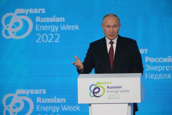 Russian President Vladimir Putin speaks during the plenary session of Russian Energy Week 2022 on October 12, 2022, in Moscow, Russia. (Getty Images)