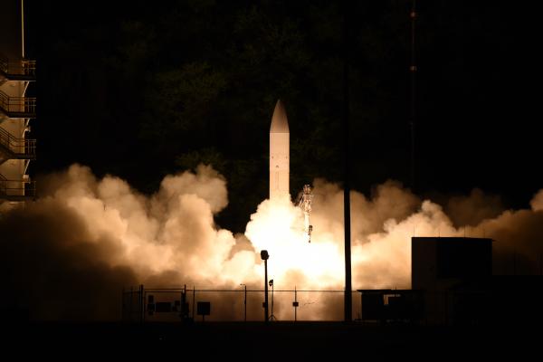 A common hypersonic glide body (C-HGB) launches from Pacific Missile Range Facility, Kauai, Hawaii, at approximately 10:30 p.m. local time, March 19, 2020, during a Department of Defense flight experiment. (DVIDS)