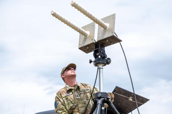 U.S. Space Force Tech. Sgt. Vince Couch, 527th Space Aggressor Squadron (SAS), conducts Global Positioning System (GPS) electromagnetic interference training with a GPS electromagnetic attack system at Schriever Space Force Base, Colorado, July 18, 2023. (DVIDS)