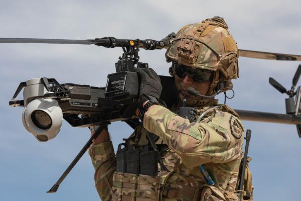US Army Staff Sgt. Stetson Manuel carries the Ghost-X Unmanned Aircraft System on March 11, 2024, at Fort Irwin, California. (DVIDS)