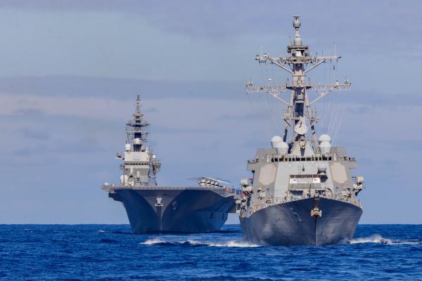 The Arleigh Burke-class guided-missile destroyer USS Rafael Peralta (DDG 115) and the Japan Maritime Self-Defense Force first-in-class helicopter destroyer JS Izumo (DDH 183) are seen from the Ticonderoga-class guided-missile cruiser USS Robert Smalls (CG 62) while operating in the Philippine Sea in support of Valiant Shield 2024, June 7, 2024. (DVIDS)