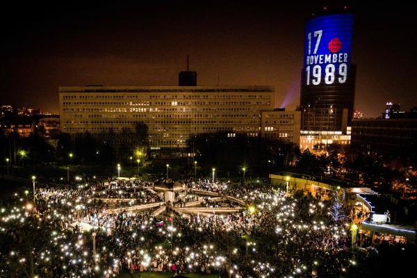 People gather on November 17, 2019, in Bratislava, Slovakia, as part of the commemorations of the peaceful Velvet Revolution that toppled the Communist regime in former Czechoslovakia 30 years ago. (Vladimir Simicek/AFP via Getty Images)