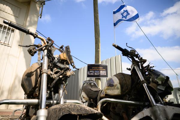 Recovered motorcycles used by members of Hamas during the October 7 attacks are seen on October 6, 2024, in Tel Aviv, Israel. (Leon Neal via Getty Images)