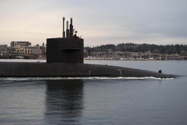 The Ohio-class ballistic missile submarine USS Louisiana transits Puget Sound on February 9, 2023. (US Navy photo by Mass Communication Specialist 1st Class Brian G. Reynolds)