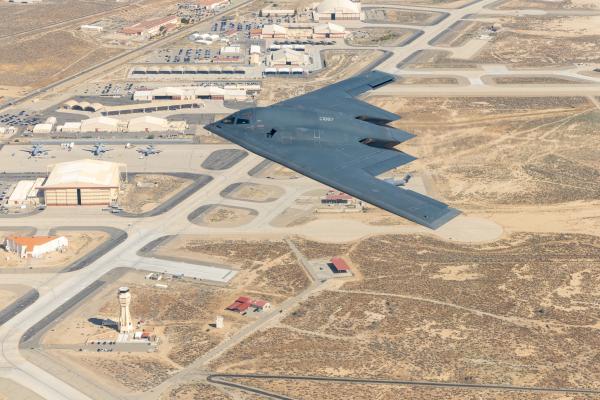 The Spirit of Pennsylvania B-2 Spirit assigned to the 419th Flight Test Squadron flies over Edwards Air Force Base, California, prior to landing, July 17. (Air Force photo by Christian Turner)