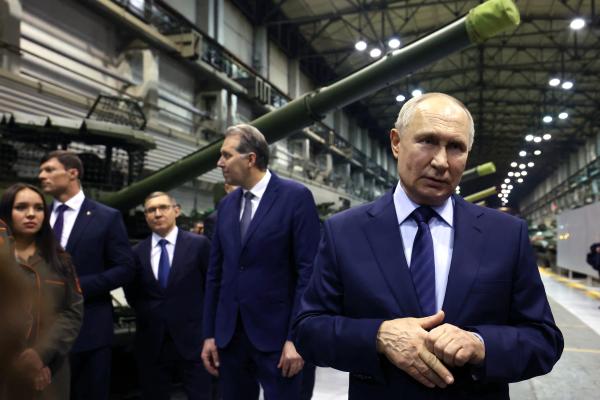 Russia's President Vladimir Putin visits Uralvagonzavod, the country's main tank factory in the Urals, in Nizhny Tagil