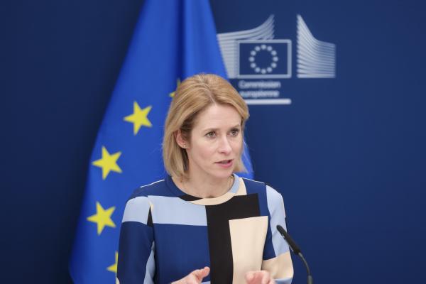 Kaja Kallas talks to the media on February 4, 2025, in Brussels, Belgium. (Getty Images)