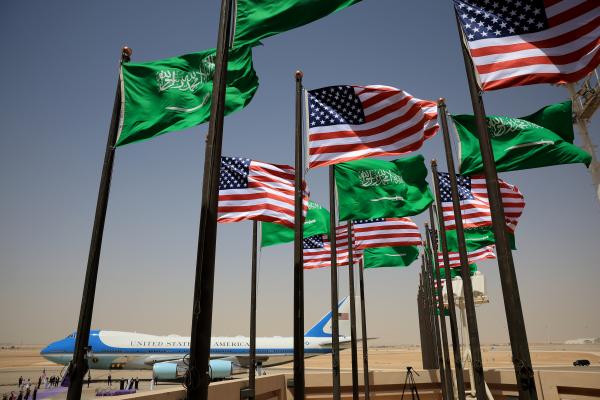 Saudi and United States flags fly as Air Force One arrives at King Khalid International Airport in Riyadh, Saudi Arabia, on May 13, 2025. (Getty Images)