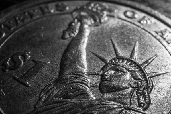 1 US Dollar coin with Statue of Liberty design close-up macro