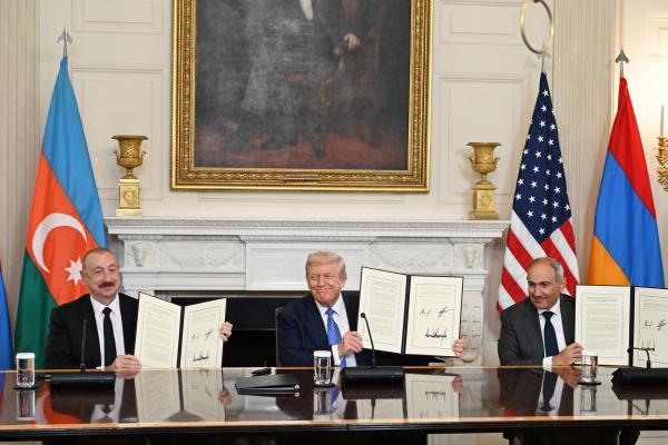 : President Donald Trump, Azerbaijani President Ilham Aliyev, and Armenian Prime Minister Nikol Pashinyan sign a joint declaration at the White House in Washington DC, on August 8, 2025. (Getty Images)