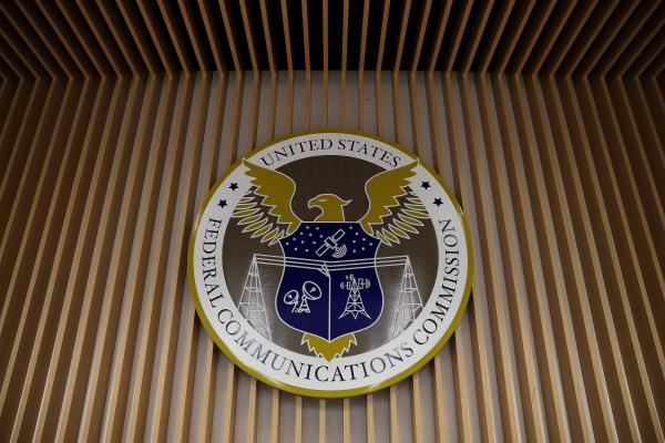 The seal for the Federal Communications Commission at FCC headquarters on February 18, 2026, in Washington, DC. (Getty Images)